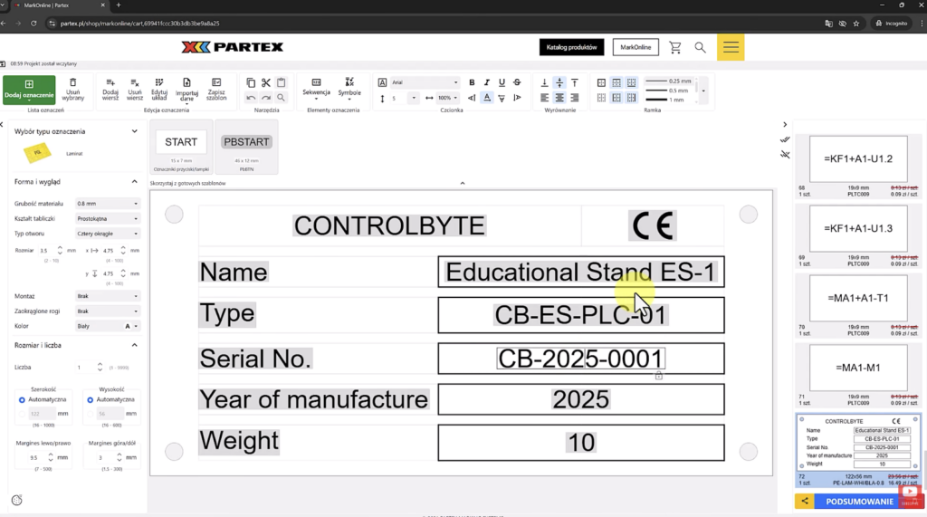 Nameplate design in Partex Mark Online for control panel