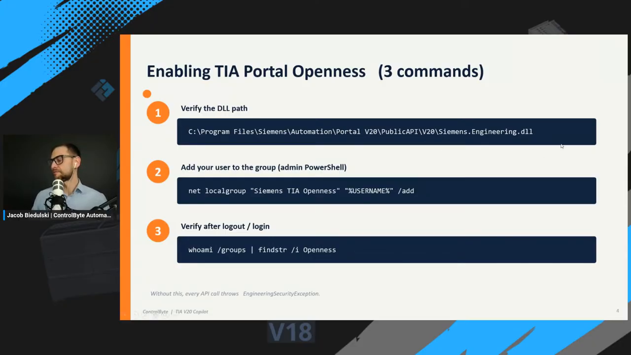 Enabling TIA Portal Openness - three commands