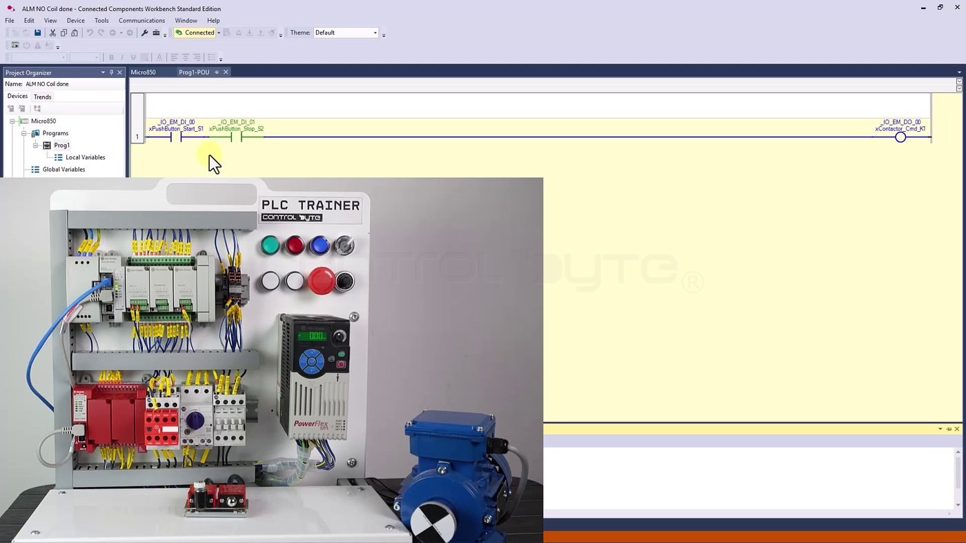 Online monitoring: the stop contact green from an NC button, the start contact blue